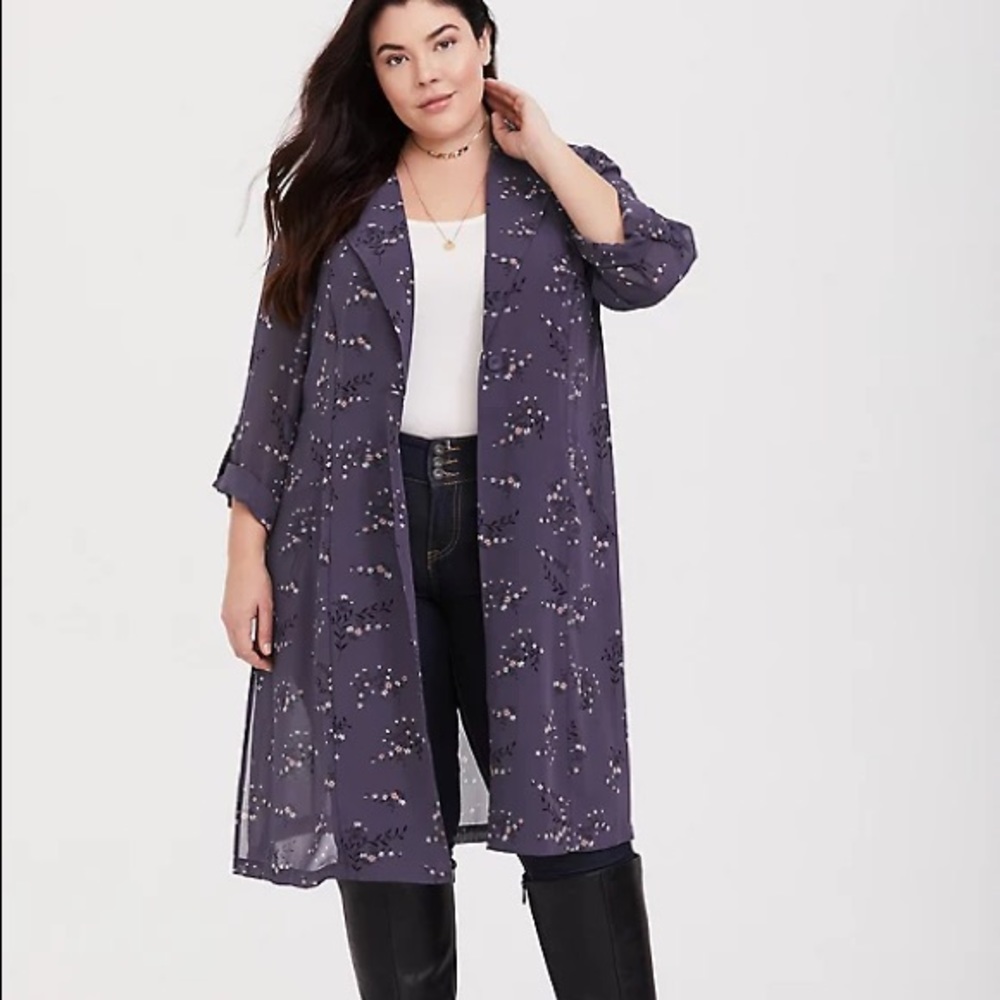 TORRID Georgette Trench Jacket Grey Floral Sz 2X